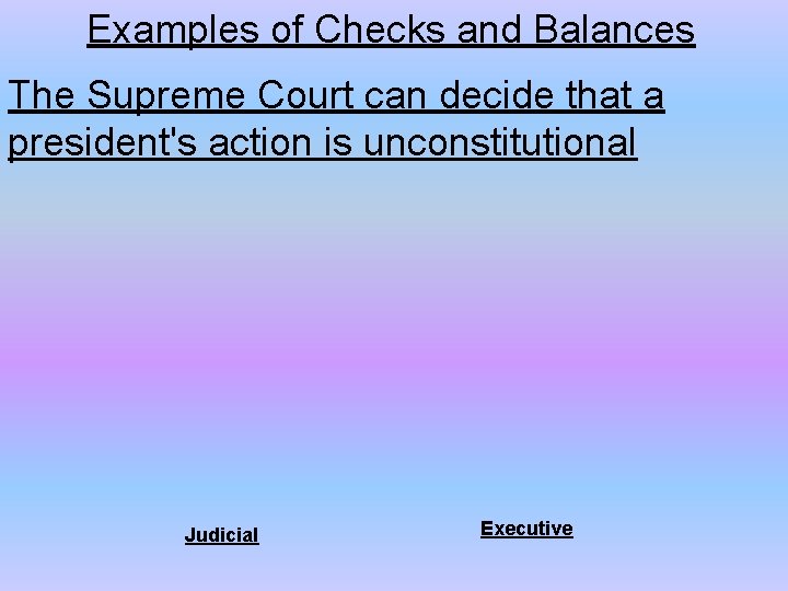 Examples of Checks and Balances The Supreme Court can decide that a president's action