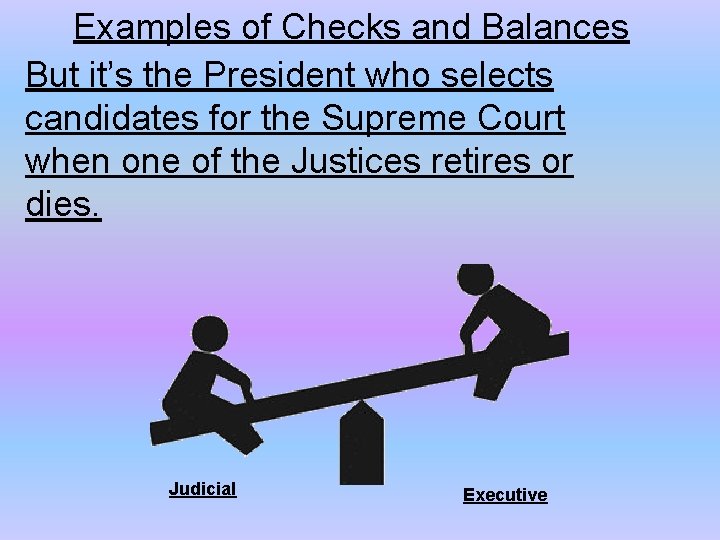 Examples of Checks and Balances But it’s the President who selects candidates for the
