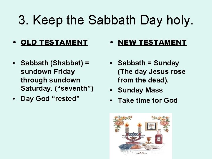 3. Keep the Sabbath Day holy. • OLD TESTAMENT • NEW TESTAMENT • Sabbath