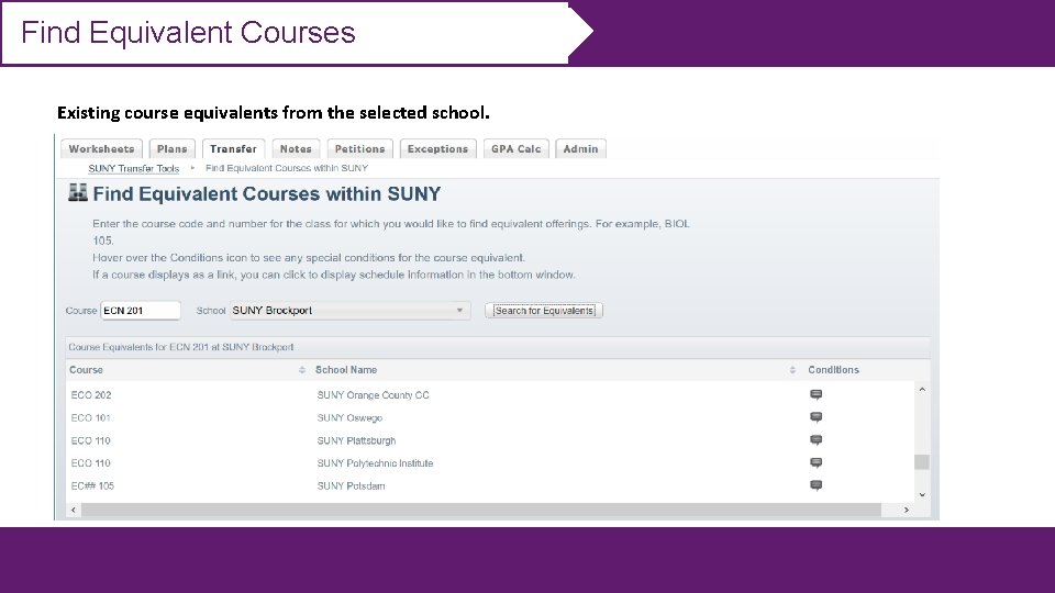 Find Equivalent Courses Existing course equivalents from the selected school. 