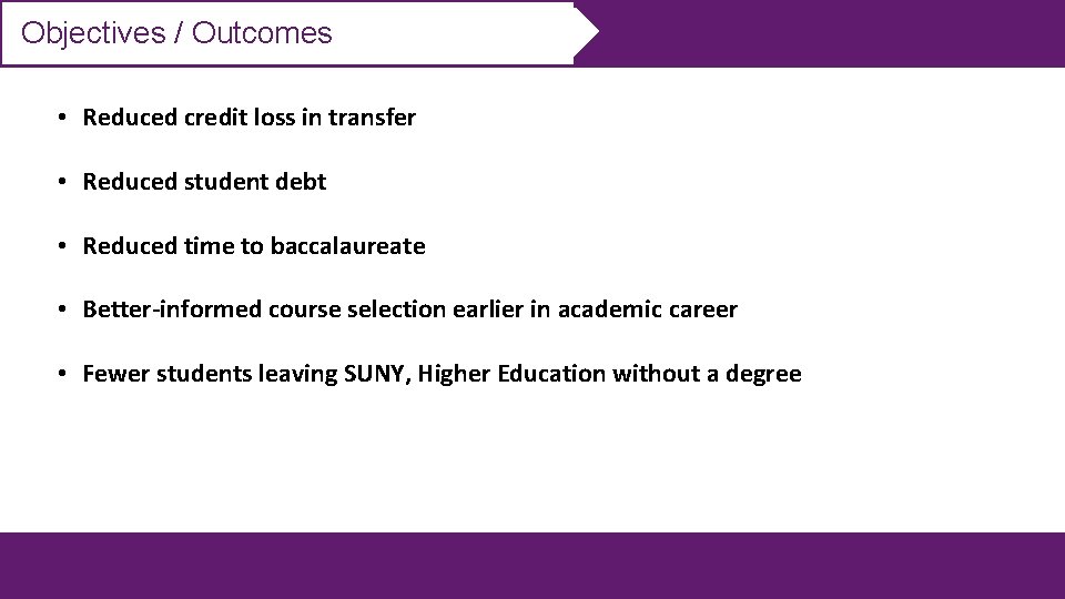 Objectives / Outcomes • Reduced credit loss in transfer • Reduced student debt •
