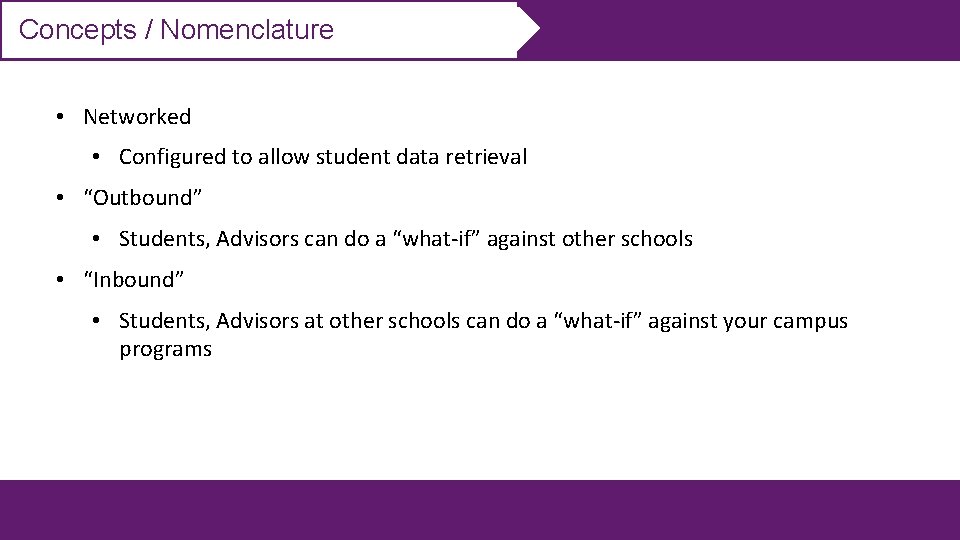 Concepts / Nomenclature • Networked • Configured to allow student data retrieval • “Outbound”