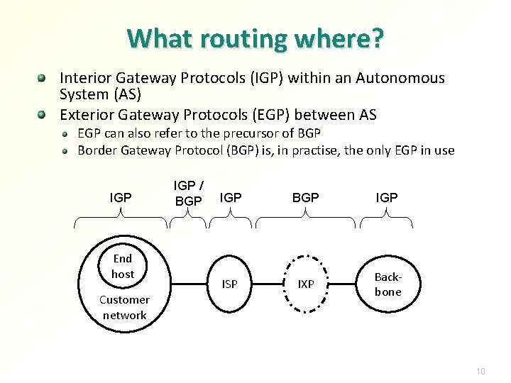 What routing where? Interior Gateway Protocols (IGP) within an Autonomous System (AS) Exterior Gateway