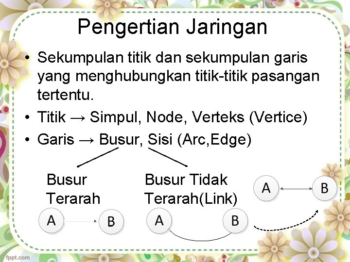 Pengertian Jaringan • Sekumpulan titik dan sekumpulan garis yang menghubungkan titik-titik pasangan tertentu. •