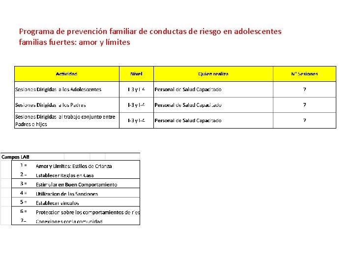Programa de prevención familiar de conductas de riesgo en adolescentes familias fuertes: amor y Programa de prevención familiar de conductas de riesgo en adolescentes familias fuertes: amor y