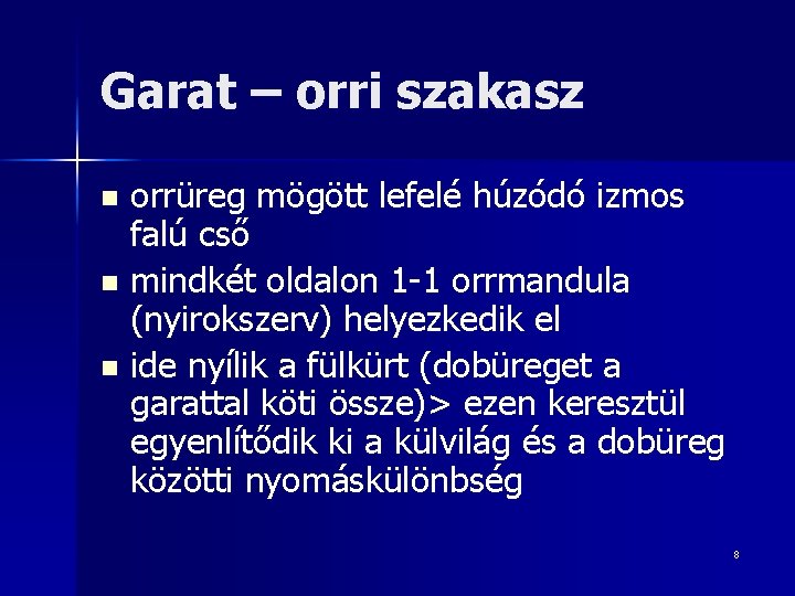 Garat – orri szakasz orrüreg mögött lefelé húzódó izmos falú cső n mindkét oldalon