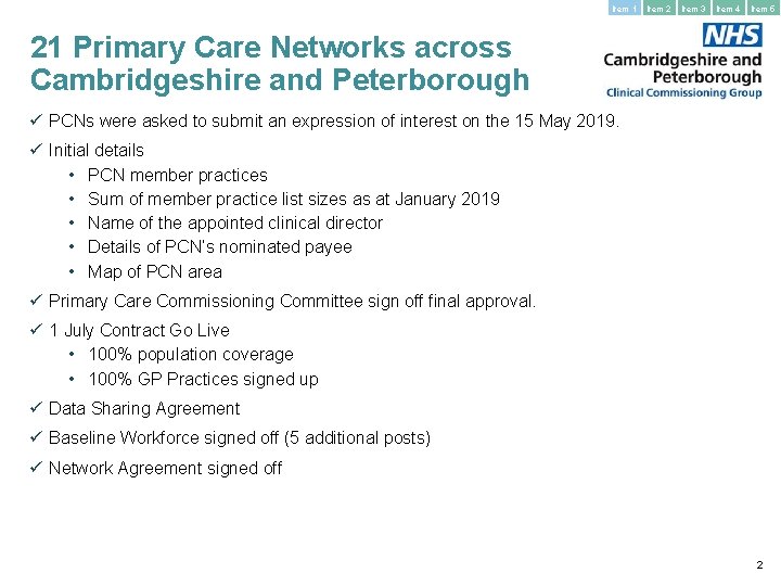 Item 1 Item 2 Item 3 Item 4 Item 5 21 Primary Care Networks