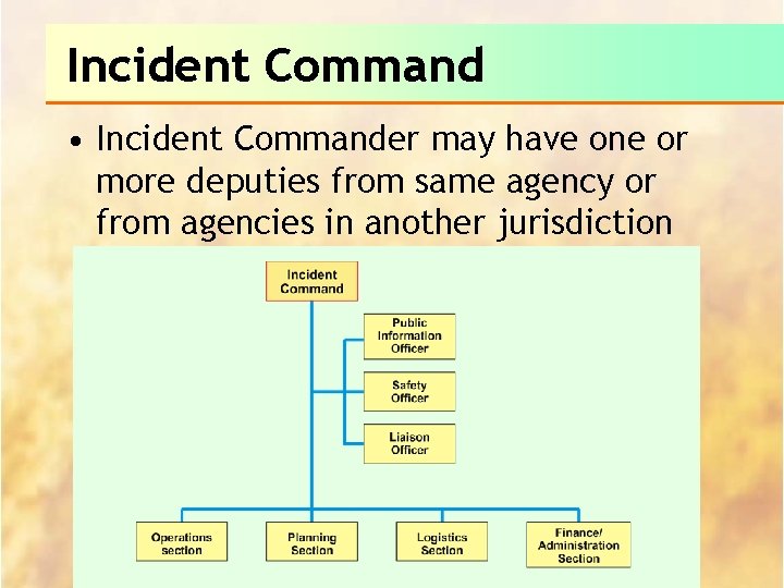 Incident Command • Incident Commander may have one or more deputies from same agency