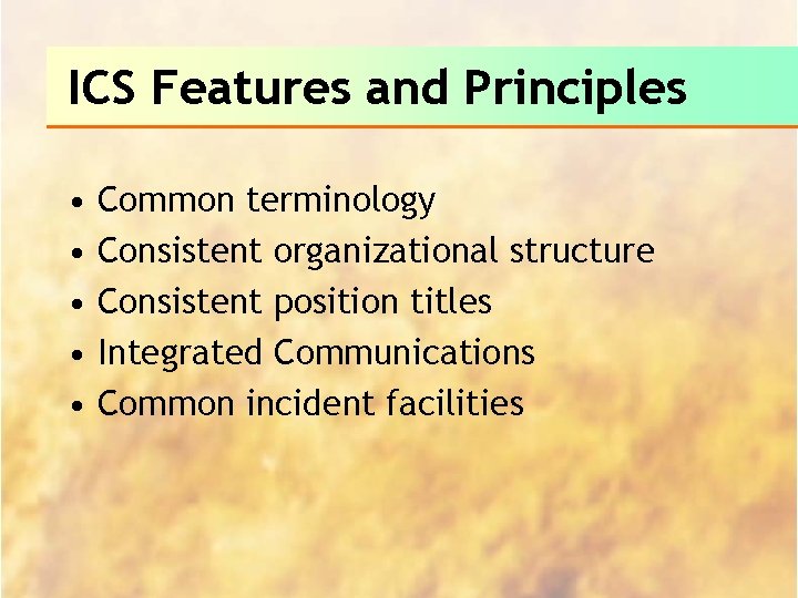 ICS Features and Principles • • • Common terminology Consistent organizational structure Consistent position