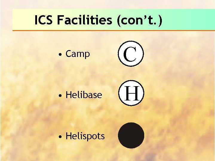 ICS Facilities (con’t. ) • Camp C • Helibase H • Helispots 