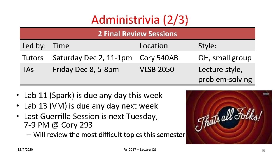 Administrivia (2/3) 2 Final Review Sessions Led by: Time Location Tutors Saturday Dec 2,