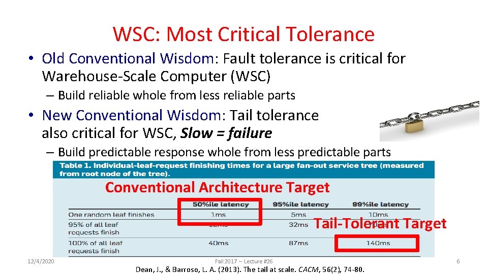 WSC: Most Critical Tolerance • Old Conventional Wisdom: Fault tolerance is critical for Warehouse-Scale