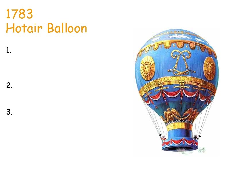 1783 Hotair Balloon 1. Hot air balloons first flew in the air by two
