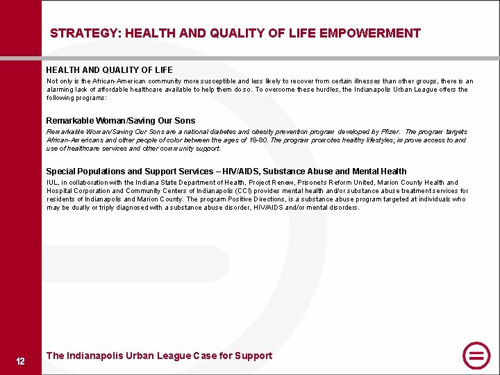 STRATEGY: HEALTH AND QUALITY OF LIFE EMPOWERMENT HEALTH AND QUALITY OF LIFE Not only