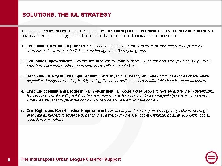 SOLUTIONS: THE IUL STRATEGY To tackle the issues that create these dire statistics, the