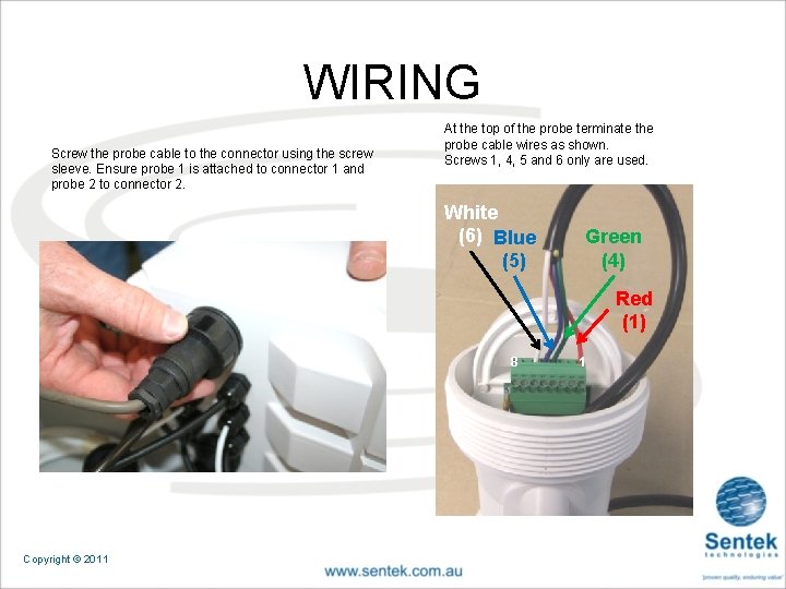 WIRING Screw the probe cable to the connector using the screw sleeve. Ensure probe