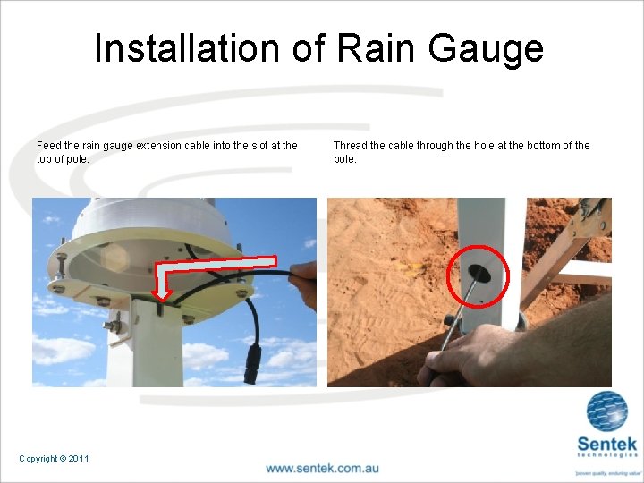 Installation of Rain Gauge Feed the rain gauge extension cable into the slot at