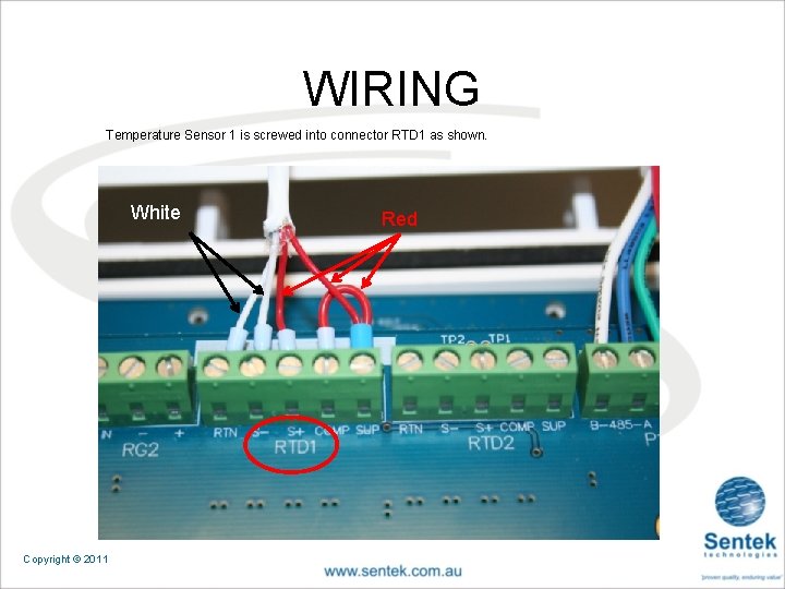 WIRING Temperature Sensor 1 is screwed into connector RTD 1 as shown. White Copyright