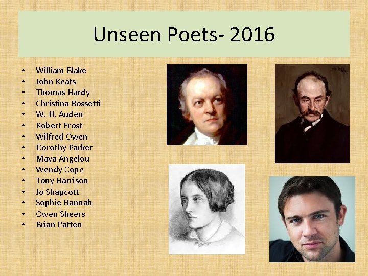 Unseen Poets- 2016 • • • • William Blake John Keats Thomas Hardy Christina