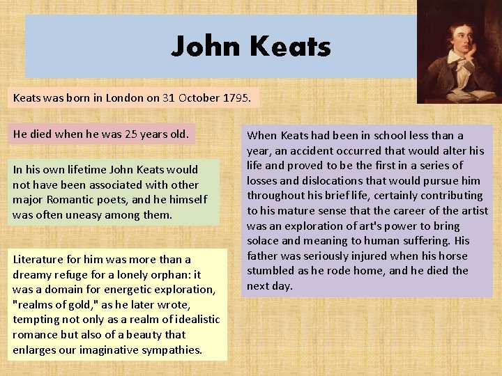 John Keats was born in London on 31 October 1795. He died when he