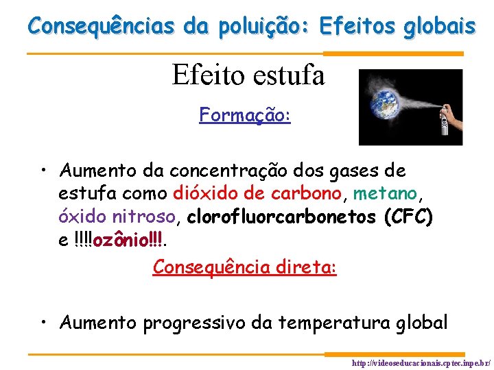 Consequências da poluição: Efeitos globais Efeito estufa Formação: • Aumento da concentração dos gases Consequências da poluição: Efeitos globais Efeito estufa Formação: • Aumento da concentração dos gases