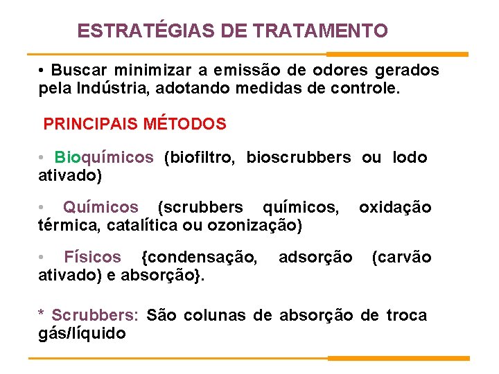 ESTRATÉGIAS DE TRATAMENTO • Buscar minimizar a emissão de odores gerados pela Indústria, adotando ESTRATÉGIAS DE TRATAMENTO • Buscar minimizar a emissão de odores gerados pela Indústria, adotando