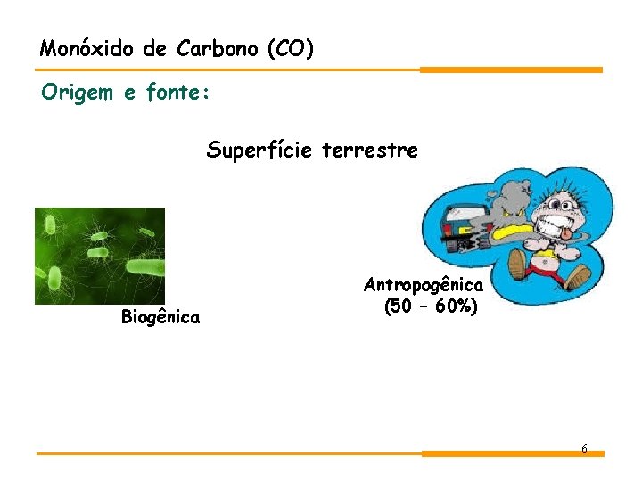 Monóxido de Carbono (CO) Origem e fonte: Superfície terrestre Biogênica Antropogênica (50 – 60%) Monóxido de Carbono (CO) Origem e fonte: Superfície terrestre Biogênica Antropogênica (50 – 60%)