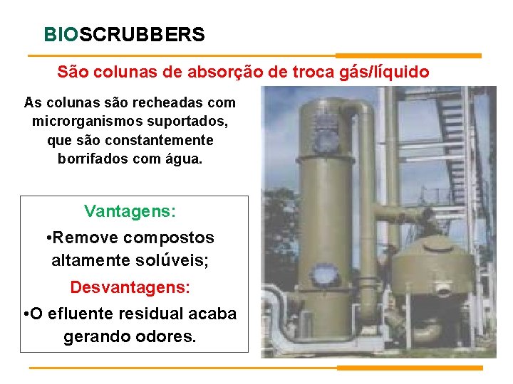 BIOSCRUBBERS São colunas de absorção de troca gás/líquido As colunas são recheadas com microrganismos BIOSCRUBBERS São colunas de absorção de troca gás/líquido As colunas são recheadas com microrganismos