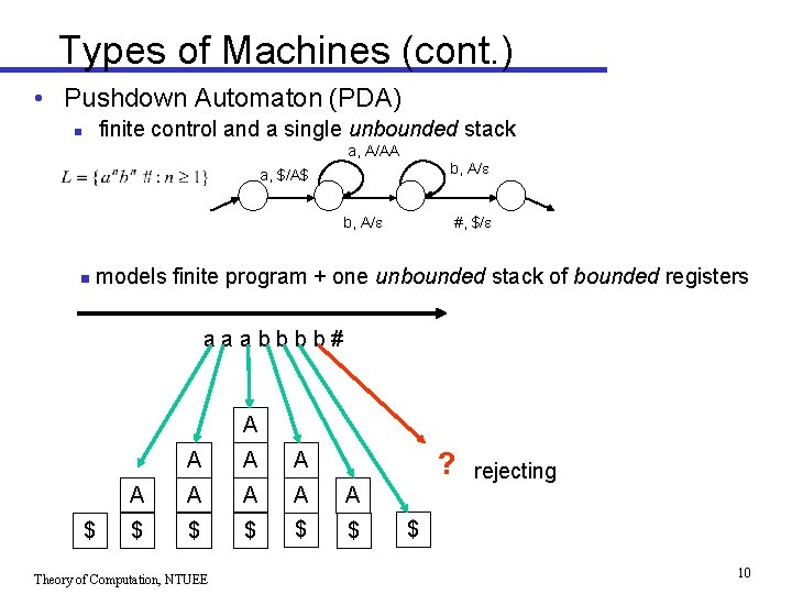 Types of Machines (cont. ) • Pushdown Automaton (PDA) finite control and a single