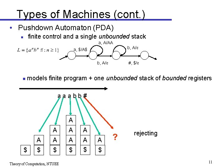 Types of Machines (cont. ) • Pushdown Automaton (PDA) finite control and a single