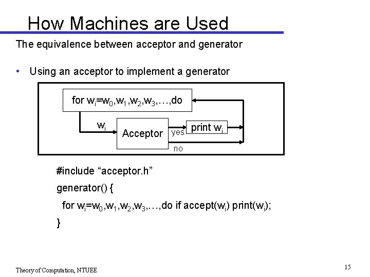 How Machines are Used The equivalence between acceptor and generator • Using an acceptor