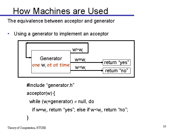 How Machines are Used The equivalence between acceptor and generator • Using a generator