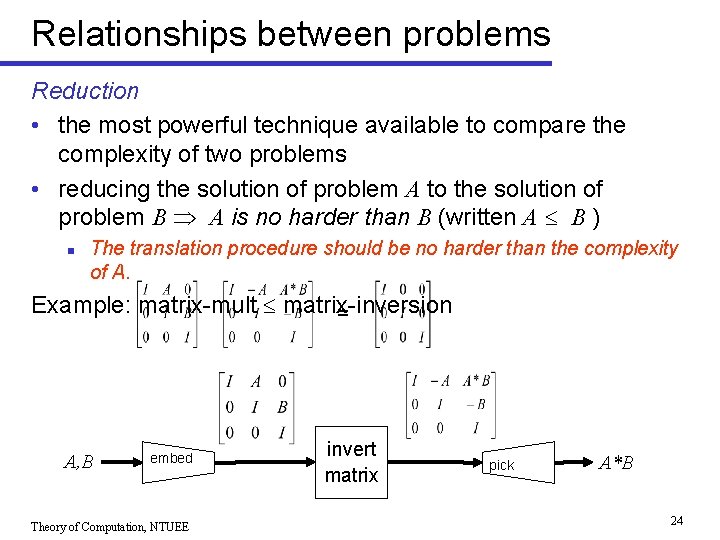 Relationships between problems Reduction • the most powerful technique available to compare the complexity