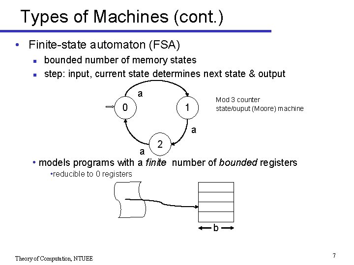 Types of Machines (cont. ) • Finite-state automaton (FSA) n n bounded number of