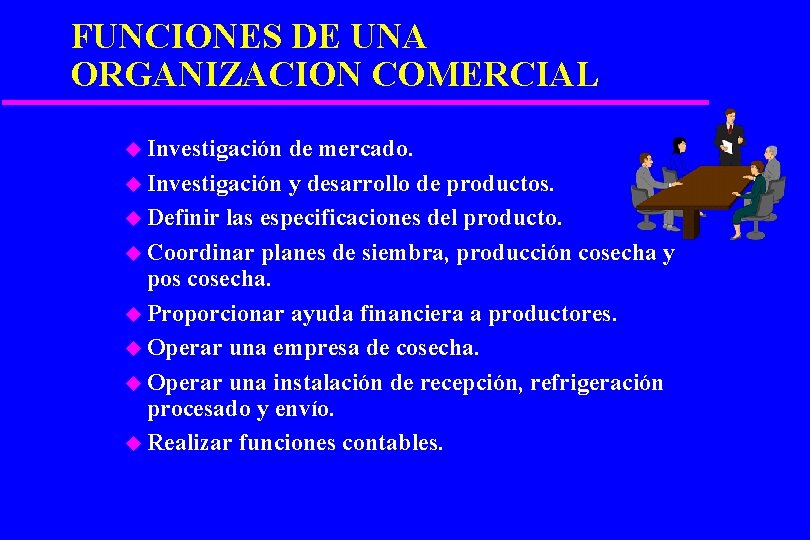 FUNCIONES DE UNA ORGANIZACION COMERCIAL u Investigación de mercado. u Investigación y desarrollo de