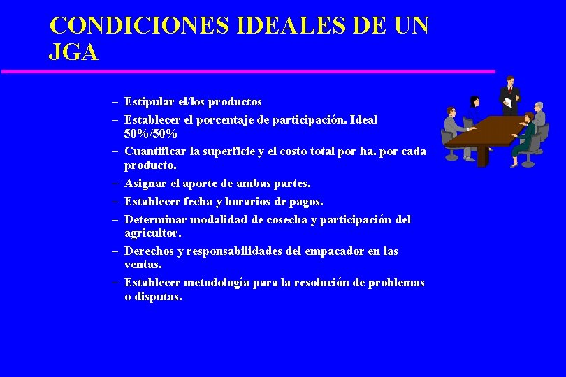 CONDICIONES IDEALES DE UN JGA – Estipular el/los productos – Establecer el porcentaje de