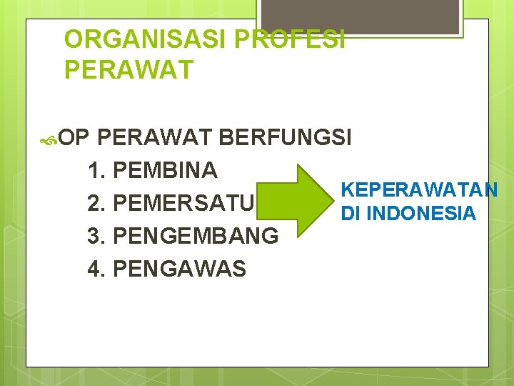 ORGANISASI PROFESI PERAWAT OP PERAWAT BERFUNGSI 1. PEMBINA KEPERAWATAN 2. PEMERSATU DI INDONESIA 3.