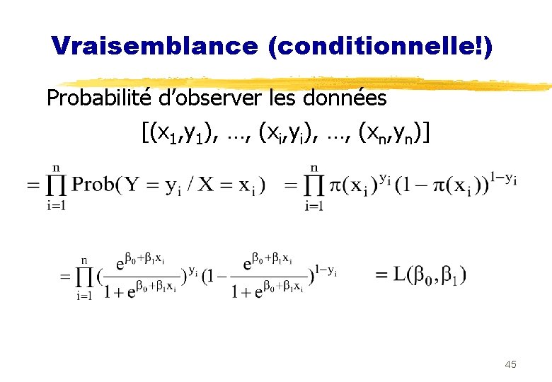 Vraisemblance (conditionnelle!) Probabilité d’observer les données [(x 1, y 1), …, (xi, yi), …,