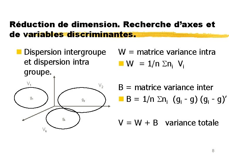 Réduction de dimension. Recherche d’axes et de variables discriminantes. n Dispersion intergroupe et dispersion