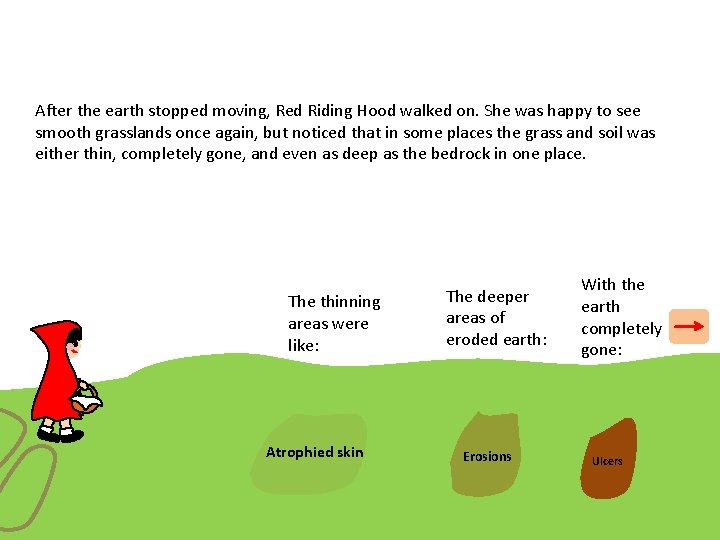 After the earth stopped moving, Red Riding Hood walked on. She was happy to