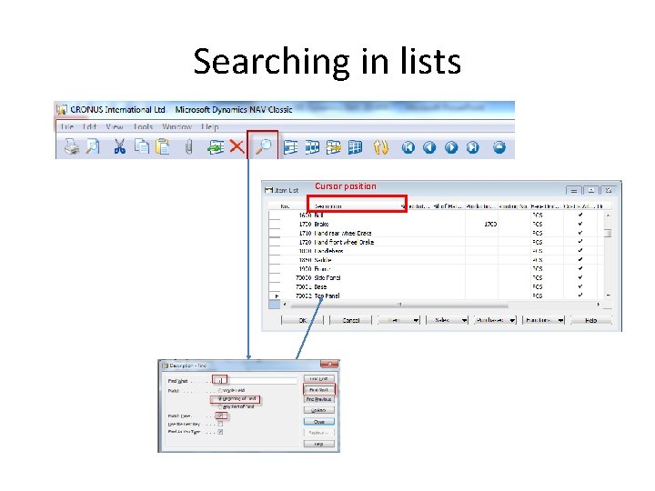 Searching in lists Cursor position 