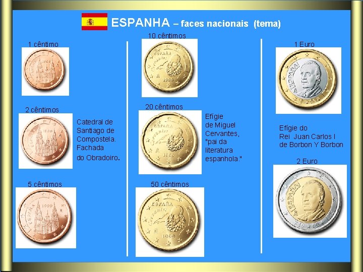 ESPANHA – faces nacionais 10 cêntimos 1 cêntimo 1 Euro 20 cêntimos 2 cêntimos