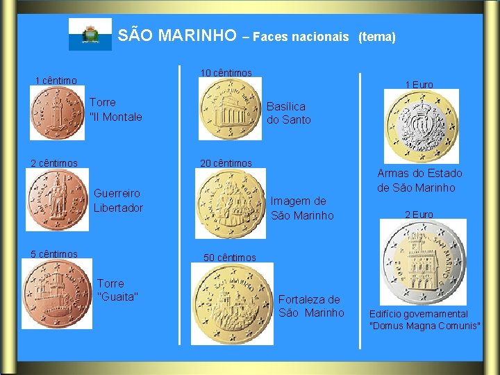 SÃO MARINHO – Faces nacionais 10 cêntimos 1 cêntimo Torre "II Montale 2 cêntimos