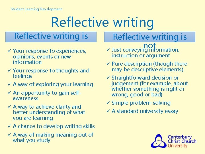 Student Learning Development Reflective writing is ü Your response to experiences, opinions, events or