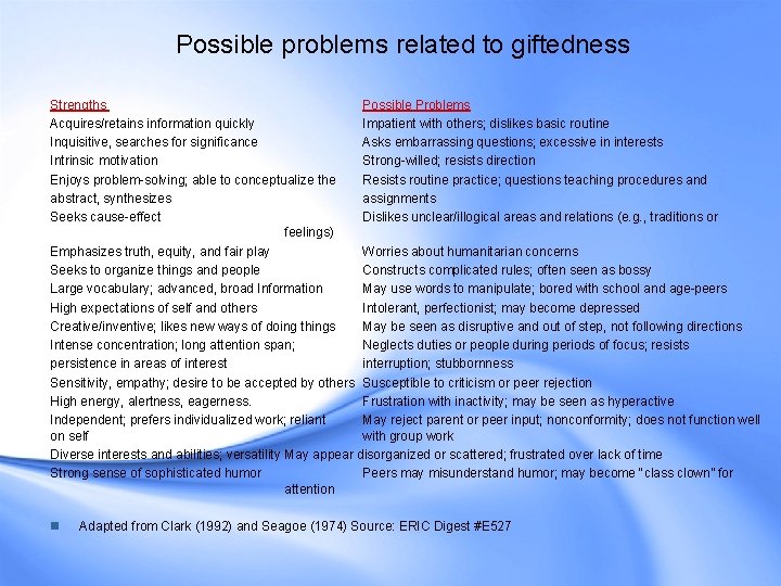 Possible problems related to giftedness Strengths Possible Problems Acquires/retains information quickly Impatient with others; Possible problems related to giftedness Strengths Possible Problems Acquires/retains information quickly Impatient with others;