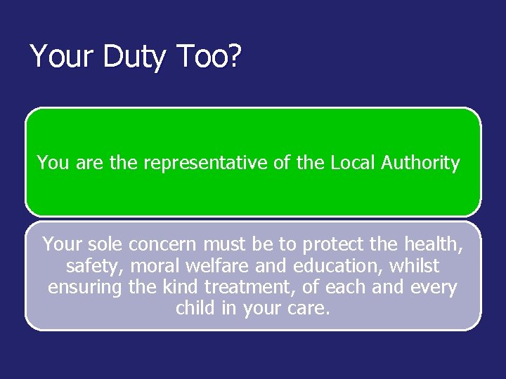 Your Duty Too? You are the representative of the Local Authority Your sole concern