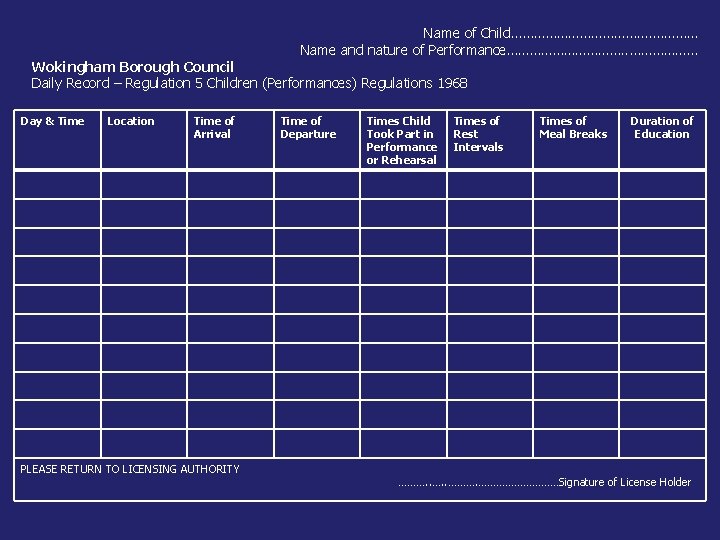Name of Child……………… Name and nature of Performance……………. . ……………… Wokingham Borough Council Daily
