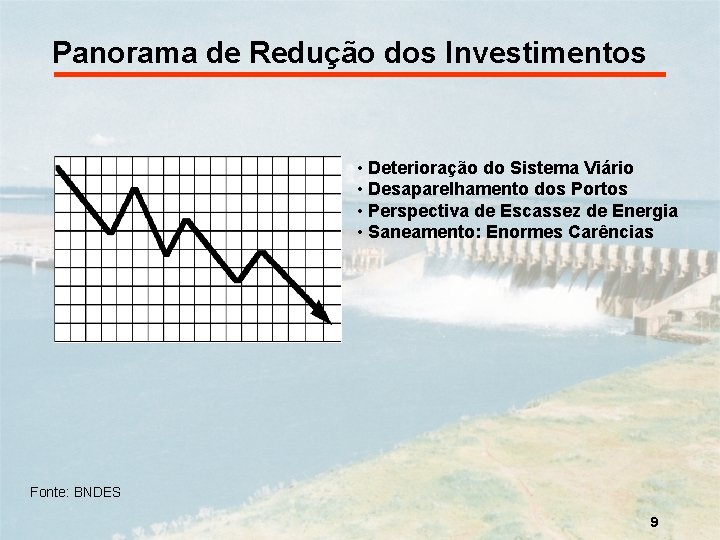 Panorama de Redução dos Investimentos • Deterioração do Sistema Viário • Desaparelhamento dos Portos
