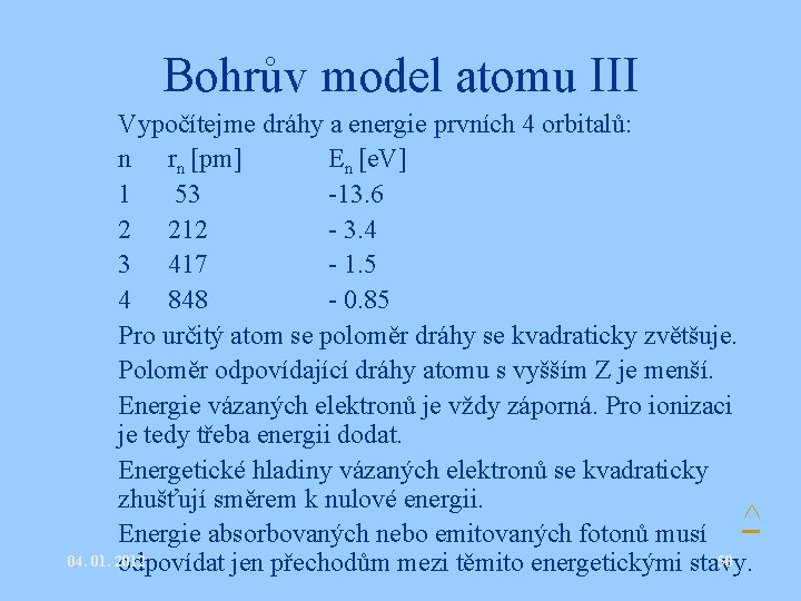 Bohrův model atomu III • • • Vypočítejme dráhy a energie prvních 4 orbitalů: