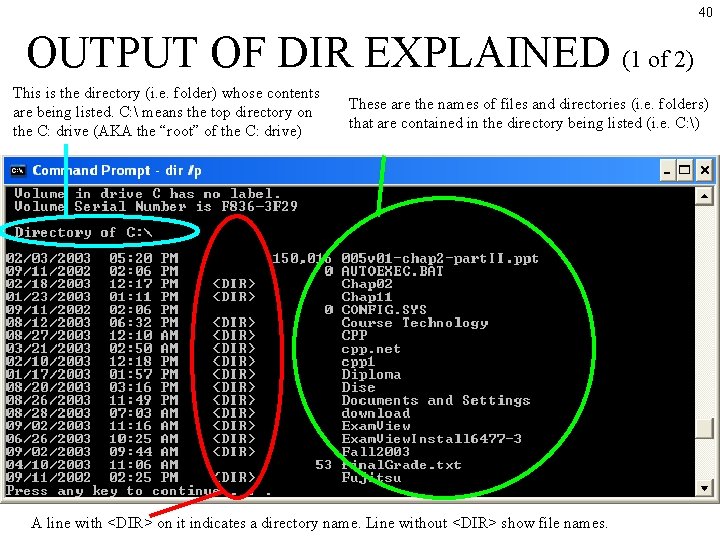 40 OUTPUT OF DIR EXPLAINED (1 of 2) This is the directory (i. e. 40 OUTPUT OF DIR EXPLAINED (1 of 2) This is the directory (i. e.